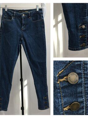 MICHAEL KORS 5 Pocket Med/Dark Wash Logo Buttons Hem Ankle Skinny Jeans